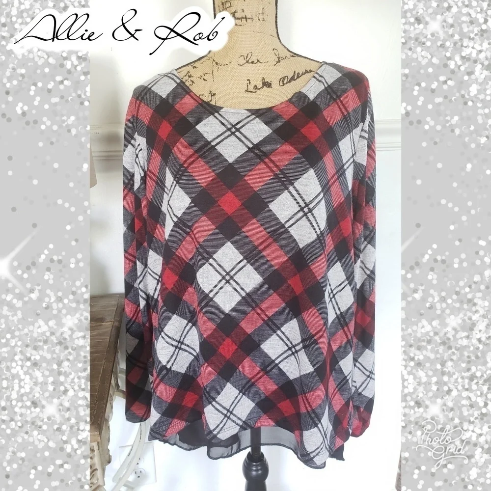 Plaid sheer top large holiday Christmas - Picture 1 of 7